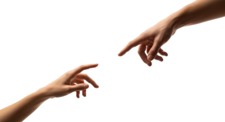 Two human hands reaching out to almost touch index fingers symbolizing connection and partnership. isolated PNG with Transparent Background