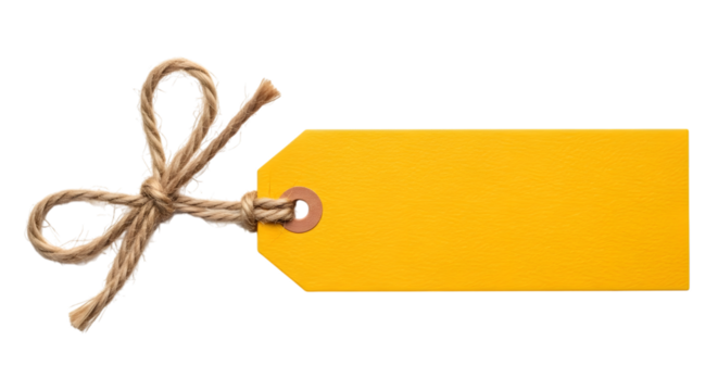 A simple yellow gift tag with a bow made of twine, isolated on a transparent background, ready for custom text or pricing information, perfect for retail or promotional use
