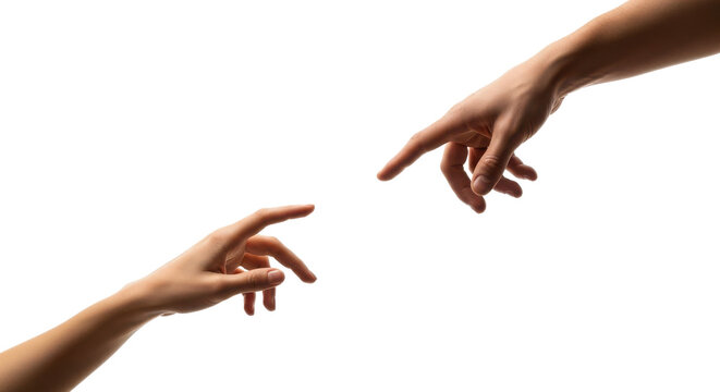 Two human hands reaching out to almost touch index fingers symbolizing connection and partnership. isolated PNG with Transparent Background