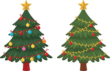  Christmas tree vector illustration, festive holiday decoration, golden star, colorful ornaments, red and gold garlands, winter celebration, isolated white background