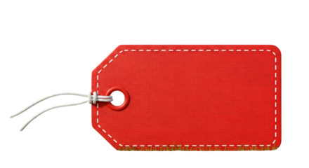 A bright red textured gift tag with white stitching and a white string, isolated on transparent background