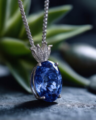 A blue crystal pendant with a white flower on it