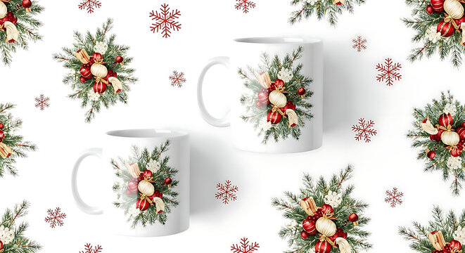 Christmas Mugs with Festive Floral Design on White Background with Snowflakes