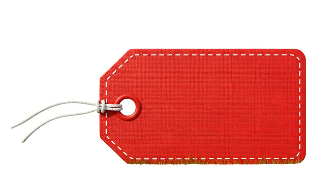 A bright red textured gift tag with white stitching and a white string, isolated on transparent background