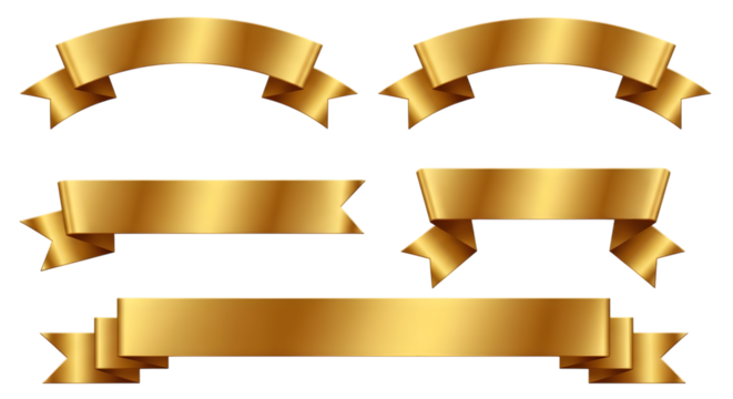 Collection of five golden ribbons and banners with a metallic sheen, isolated on transparent background, perfect for graphic design and decoration