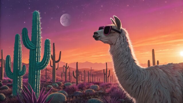 A cool llama wearing sunglasses in a colorful desert landscape