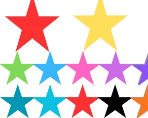 The image shows a collection of stars of various colors arranged in three rows on a white background. The stars are colored red, yellow, green, blue, and red.s