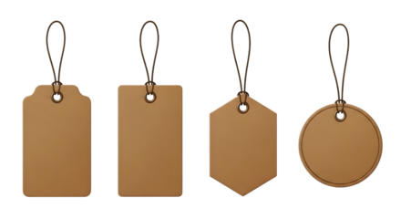 Four different shapes of blank brown paper tags with strings, isolated on transparent background