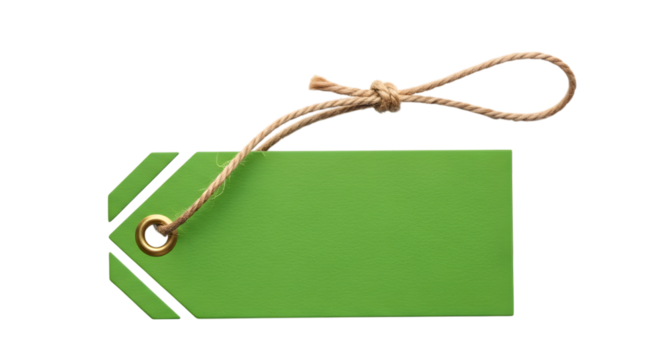 A green price tag with a string and white stripes, isolated on transparent background - Powered by Adobe