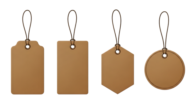 Four different shapes of blank brown paper tags with strings, isolated on transparent background