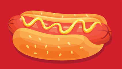  Classic Hot Dog, Frankfurter or Wiener with Yellow Mustard on a Bun. Vibrant Fast Food Illustration