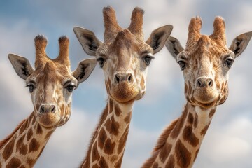 Obraz premium Majestic trio of giraffes standing gracefully against a serene sky in a wildlife setting showcasing their unique features and charm subtly illuminated by soft daylight