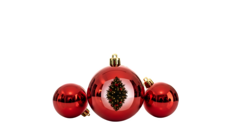 Red Christmas ornaments with tree reflection, isolated on transparent background