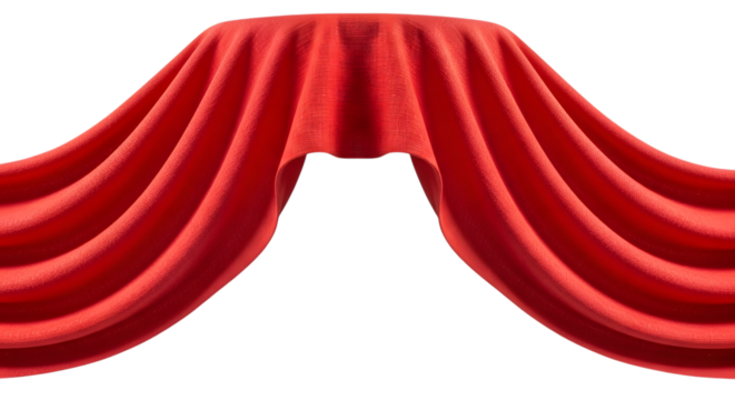 A draped red fabric, resembling a stage curtain or a tablecloth, isolated on a transparent background, creating a sense of anticipation or reveal