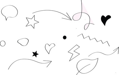 Sketch line arrow element, star, heart shape. Hand drawn doodle sketch style circle, blob, speech bubble grunge element set. Arrow, star, heart brush decoration. Vector illustration