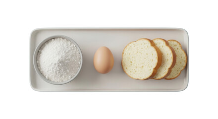 Top view of baking and cooking ingredients: whole egg, flour, and slices of bread on a plate. isolated PNG with Transparent Background