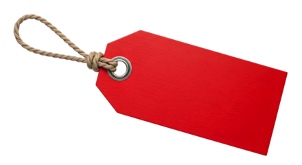 A single, blank, red paper tag with a rough texture and a thin rope tied through a metal grommet, isolated on a transparent background