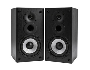Fototapeta premium Down Flat Lay of Stereo Speakers with Connected Audio Cables, Minimalist Tech Display, Isolated on Transparent Background PNG