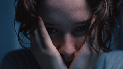 A distressed clay-like face clutches its head with rough hands, eyes hidden