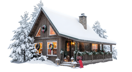 Cozy winter cabin with snow, isolated on transparent background