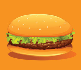 Delicious Cartoon Hamburger Illustration with Fresh Green Lettuce and Sesame Seed Bun, a Classic Fast Food Burger Sandwich