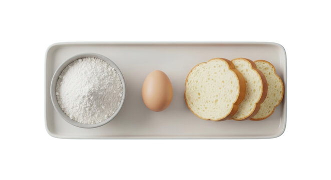 Top view of baking and cooking ingredients: whole egg, flour, and slices of bread on a plate. isolated PNG with Transparent Background