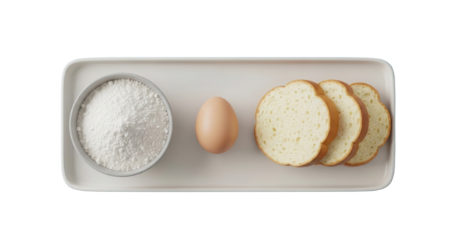 Top view of baking and cooking ingredients: whole egg, flour, and slices of bread on a plate. isolated PNG with Transparent Background
