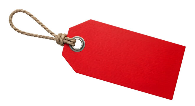 A single, blank, red paper tag with a rough texture and a thin rope tied through a metal grommet, isolated on a transparent background