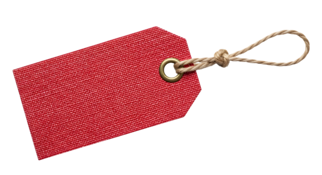 A single red textured tag with a brass grommet and twine string, isolated on a transparent background, representing price, sale, or information - Powered by Adobe
