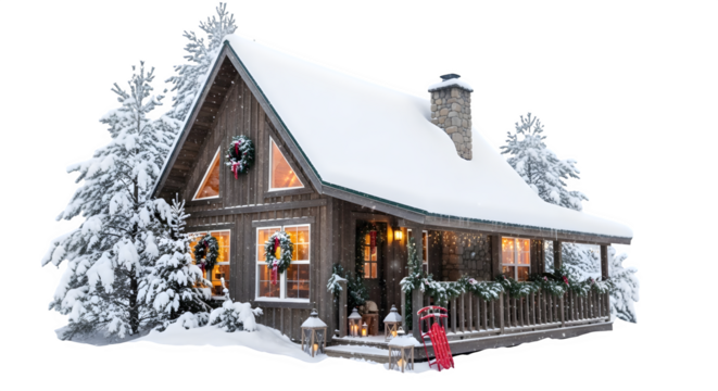 Cozy winter cabin with snow, isolated on transparent background - Powered by Adobe