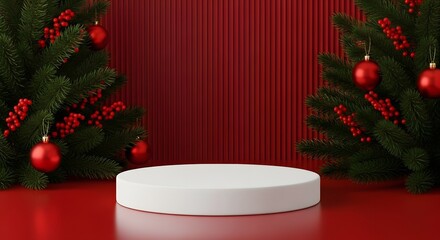 Christmas display with podium and fir trees