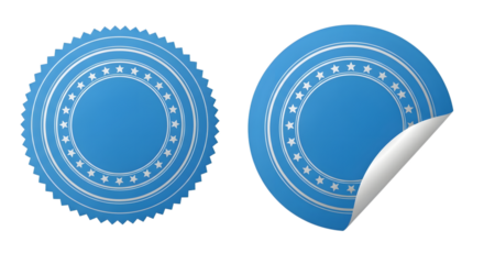 Two blue circular seals or stickers with star and line pattern, one is flat and the other is peeled, isolated on transparent background
