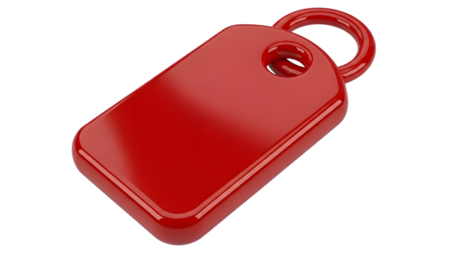 A shiny, glossy red tag with a loop for attachment, isolated on a transparent background, representing a label or marker for identification or pricing purposes