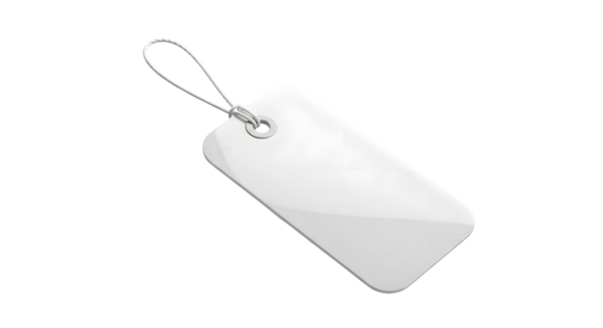 Blank white rectangular tag with a silver loop and string, isolated on transparent background