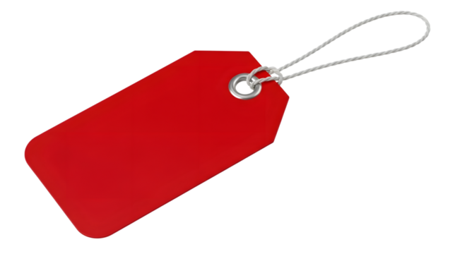 A blank red tag with a silver string, isolated on transparent background