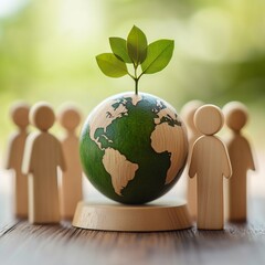 Save the planet—wooden figures showcasing planting.