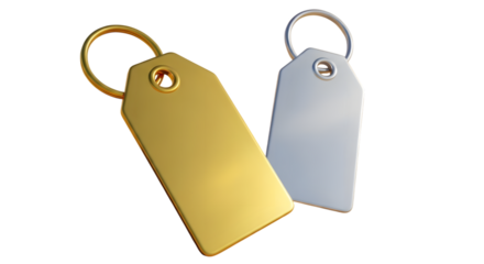 Two blank metal tags, one gold and one silver, isolated on transparent background