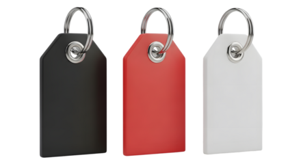 Three blank tags, one black, one red, and one white, each with a silver ring, isolated on transparent background
