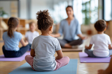Fototapeta premium A group of children are sitting on yoga mats in a room