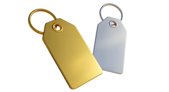 Two blank metal tags, one gold and one silver, isolated on transparent background