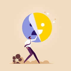 Businessman change a sad face to smile face emoji, overcome stress and anxiety, emotional problem, uncertainty or worried about work, get rid of bad moods, depression and anxiety caused by stress