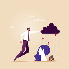 Psychologic therapy session concept and help in fighting stress, depression, emotional burnout and other psychological problems. Businessman pushed away the cloudy storm sky from unhappy woman