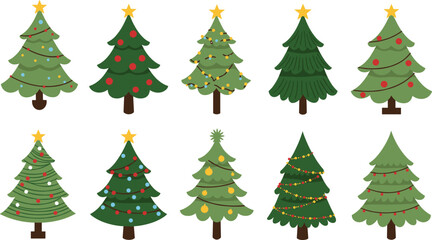 Colorful Christmas tree collection, festive holiday pine illustrations, ornamented vector trees with stars, decorative seasonal elements, winter celebration design assets