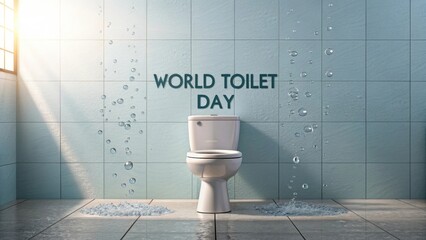 A pristine porcelain toilet with water droplets for World Toilet Day