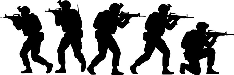 Silhouette Set of Soldiers with Guns PNG – Military, Tactical and Combat Illustration