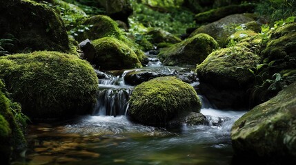 渓流を流れる清水と苔むした岩