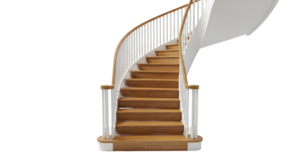 Curved Wooden Staircase with White Railing stairs interior isolated on a transparent background