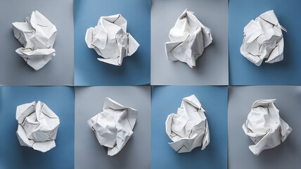 On a white background, crumpled paper balls stand for waste and annoyance.