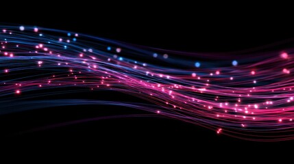Abstract digital artwork depicting flowing, luminous pink and blue strands against a black background, interspersed with tiny sparkling lights, creating a wavy, energetic pattern