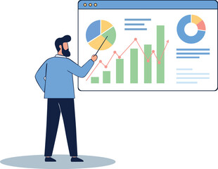 Vector illustration of two office workers analyzing data and discussing reports at a meeting table, with a financial chart on the wall. Ideal for concepts like teamwork, collaboration, and productivit